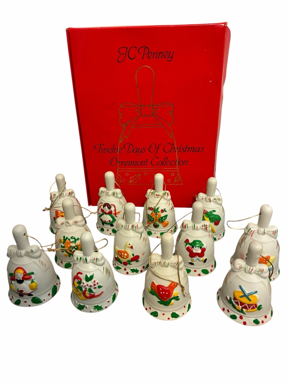 JC Penney Twelve Days Of Christmas Ornament Collection 12 Piece Ceramic Bell Set